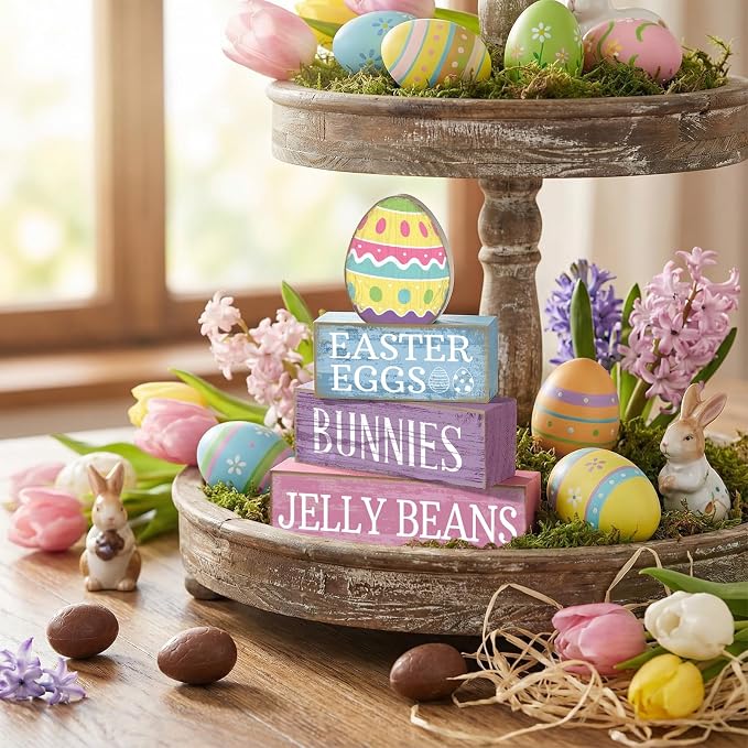Lineshading 4 Pcs Easter Table Decoration Wooden Pastel Egg - Image 4
