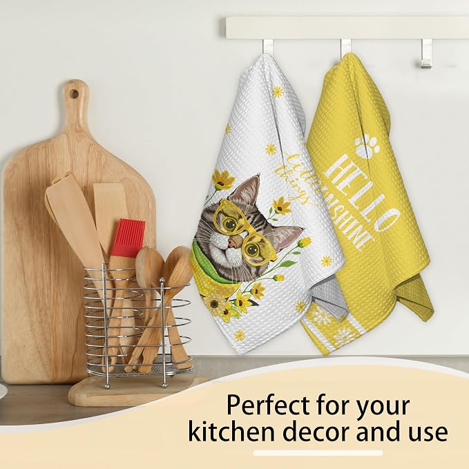 Yellow Flowers Cat Towels, Spring Summer Kitchen Towels, Cute Waffle Weave Dish - Image 6