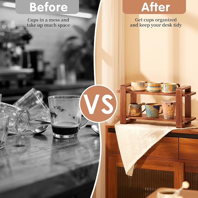Coffee Station Organizer for Kitchen Countertop Mug Holder 2 Tier Wooden Cup - Image 4