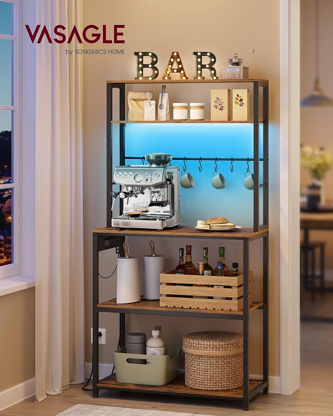 VASAGLE Coffee Bar with LED Lights, Kitchen Bakers Rack with Power Outlet - Image 2