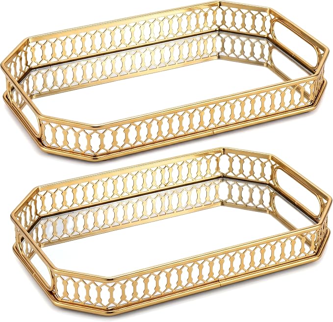 Glass and Gold Rectangular Tray Set of 2， Dinner Plate Perfume and Vanity Tray by Yikinip