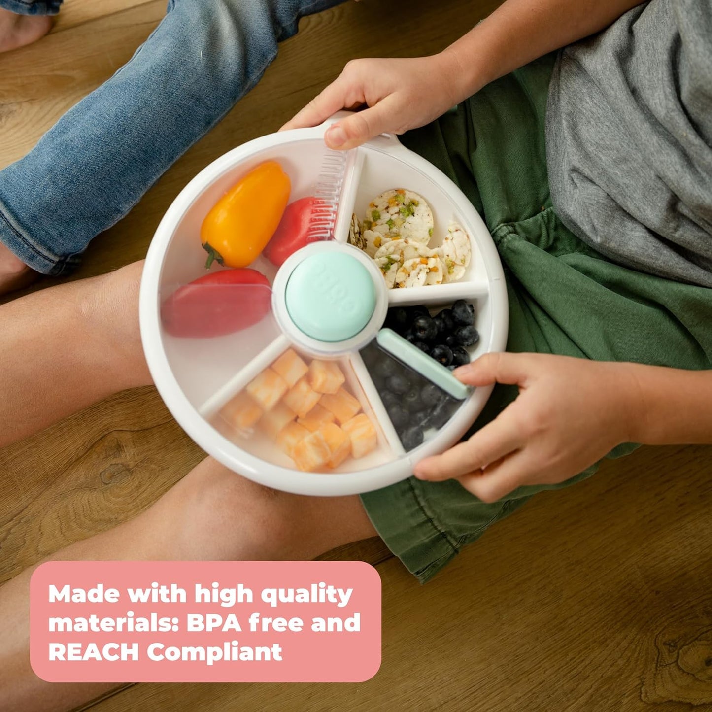 GoBe Kids Large Snack Spinner Slide Bundle with Hand Strap and Sticker Sheet - Reusable Snack Container with 4 Compartment Dispenser and Lid | BPA/PVC Free | Dishwasher Safe | No Spill - Macaron Blue