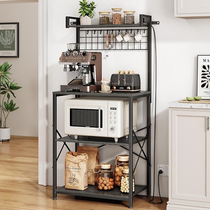 SNTD Bakers Rack with Power Outlet, Kitchen Shelves Microwave Stand with Wire by SNTD