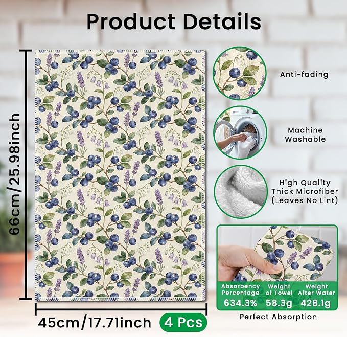 CUTHOLLOW Berries and Flowers Decorative Kitchen Towels Set of 4, 25.98"x17.72" - Image 2