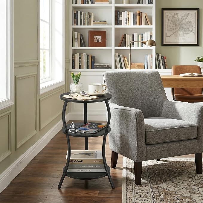 Small Round Side Table with Charging Station, 3-Tier Waist Circular End Table - Image 5