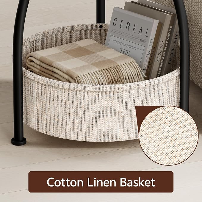 Round Side Table with Storage Basket, End Table Living Room, Greige | Round End - Image 8