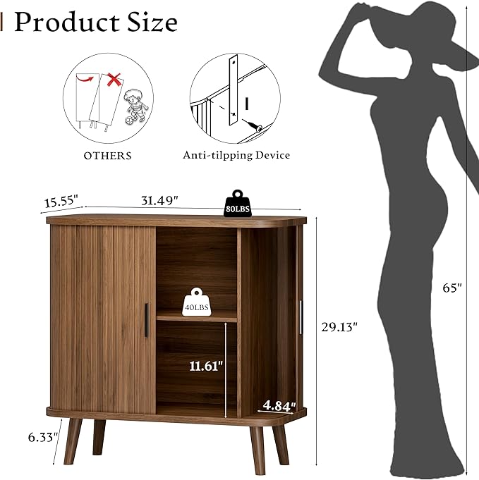 Sideboard Buffet Cabinet with Sliding Door, 31.5" Wide Fluted Modern Accent - Image 2