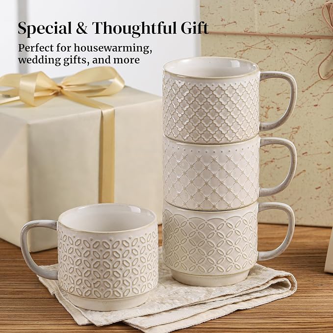 DOWAN 12oz Coffee Mugs Set of 4, Ceramic Coffee Mugs, Stackable Cappuccino Cups - Image 9