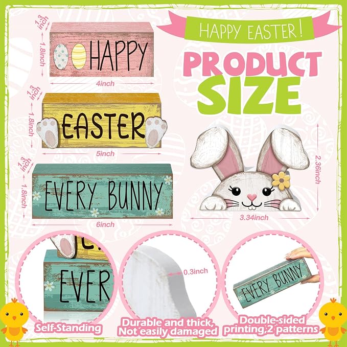 Moucuny 4 Pcs Easter Table Decorations Bunny Tiered Tray Decor Wooden Bunny - Image 2