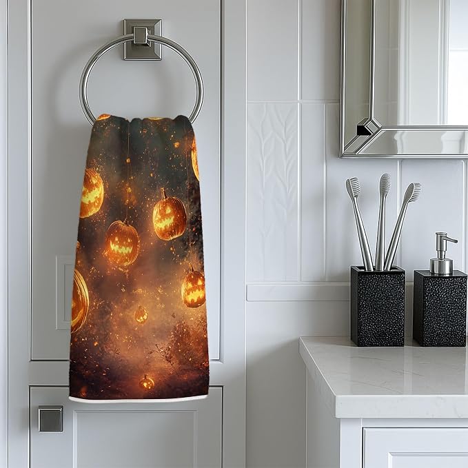 Pumpkin Kitchen Towels Set of 2, Halloween Festive Ghost String Light Halloween - Image 2