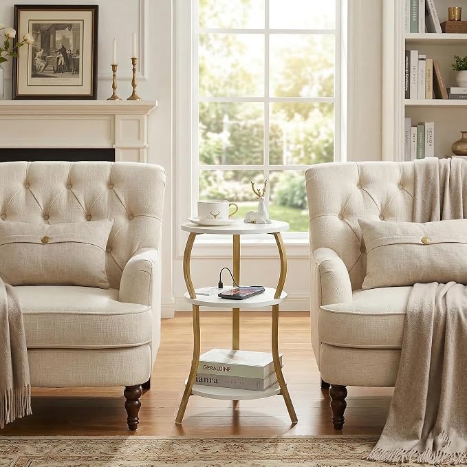 Small Round Side Table with Charging Station, 3-Tier Waist Circular End Table - Image 2