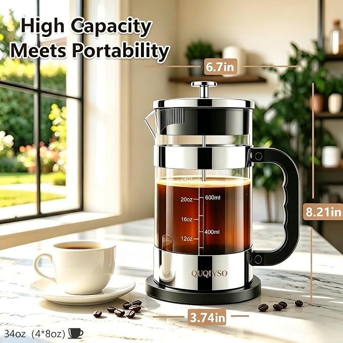 QUQIYSO French Press Coffee Maker, 2.5mm Thick Borosilicate Glass, 4 Layer - Image 5