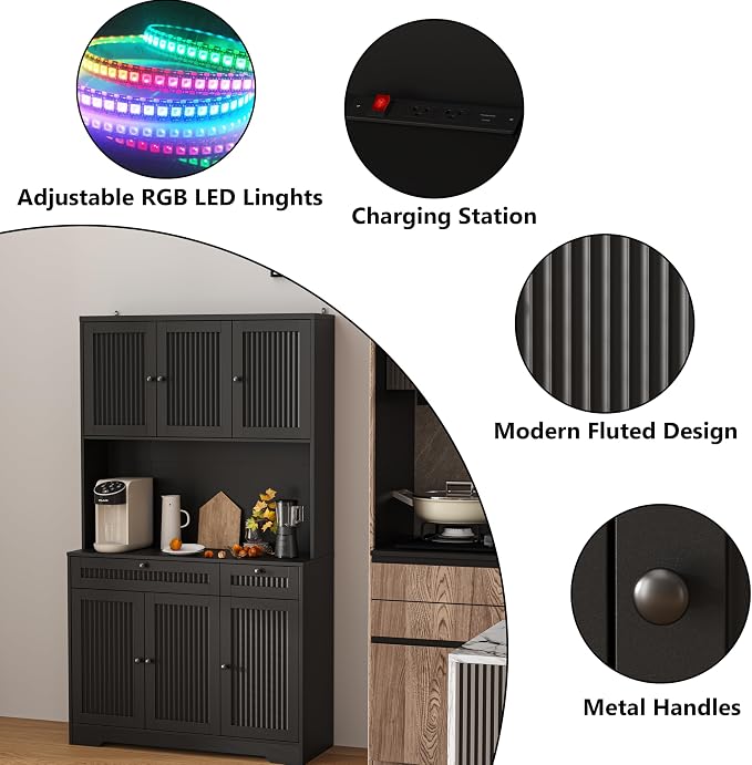 Pantry Storage Cabinet with Charging Station, Kitchen Storage with Adjustable - Image 9