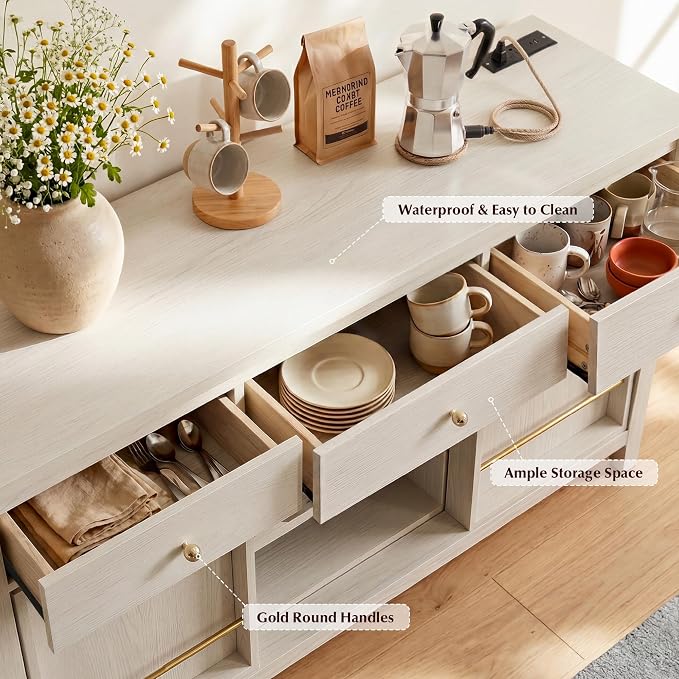 Buffet Cabinet with Storage, Modern Sideboard Cabinet with 3 Drawers, 2 Sliding - Image 4