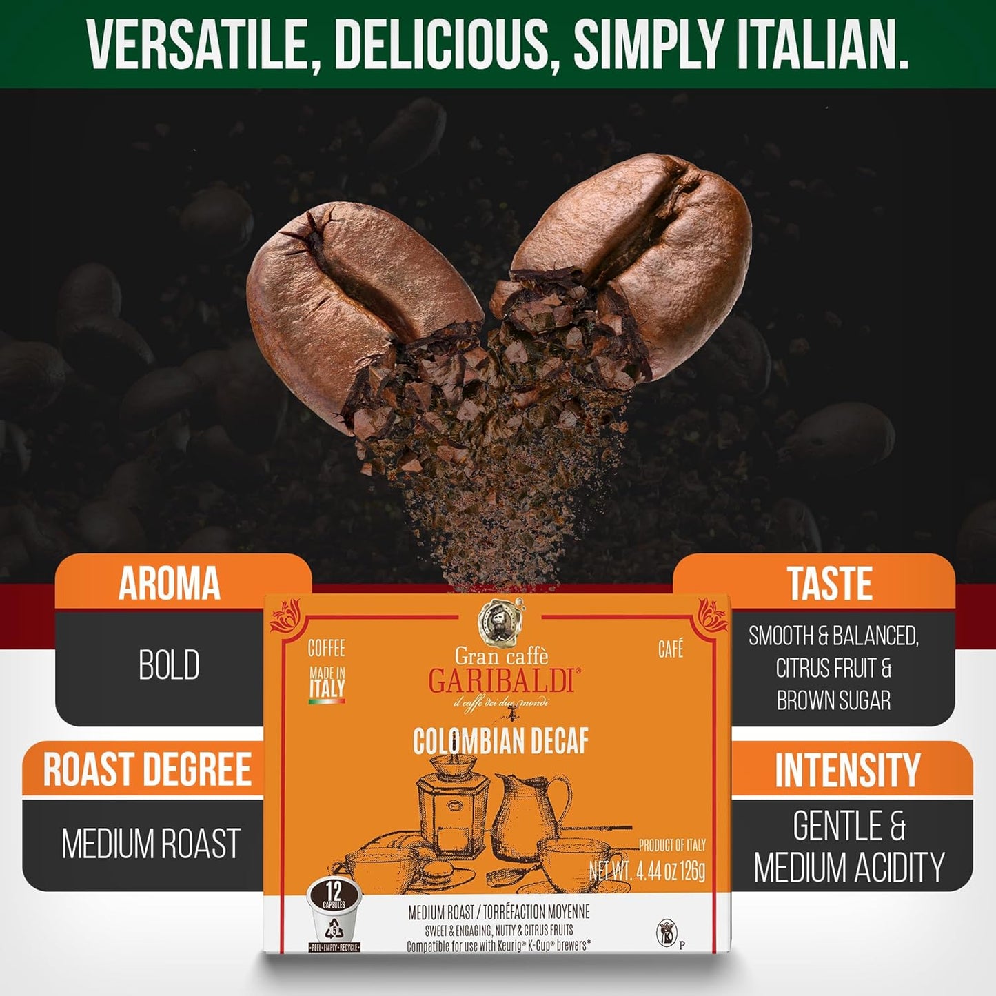 Caffè Garibaldi Colombian Decaf Coffee Pods, Single-Serve Capsules for Keurig K-Cup Brewers, Single Serve Cups with 100% Arabica Blend for Coffee Makers, 12 Count Recyclable Pods - Medium Roast