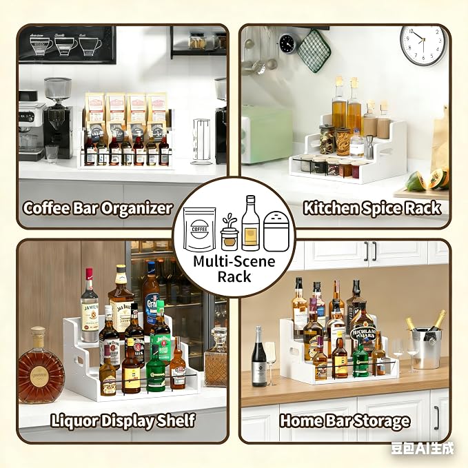 Liquor Bottle Display Shelf, Wood Syrup Organizer Rack, 3 Step Countertop - Image 4