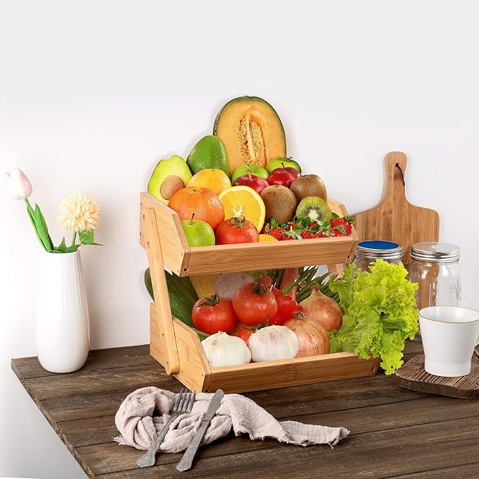 Merysen 2 Tier Fruit Basket For Kitchen, Bamboo Vegetable Storage Bowl Stand - Image 6