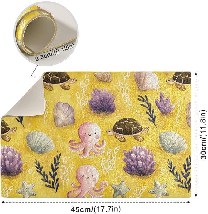 Turtles Octopuses Shells Seaweed Yellow Coffee Mat Coffee Bar Maker Backed - Image 3