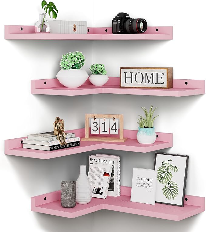 4 Tier Floating Corner Shelves Pink Set of 4, Rustic Pine Wooden Floating by Eostbe