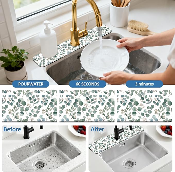 2 Pcs Kitchen Sink Splash Guard Faucet Mat Green Leaves Pattern Faucet Mat - Image 5