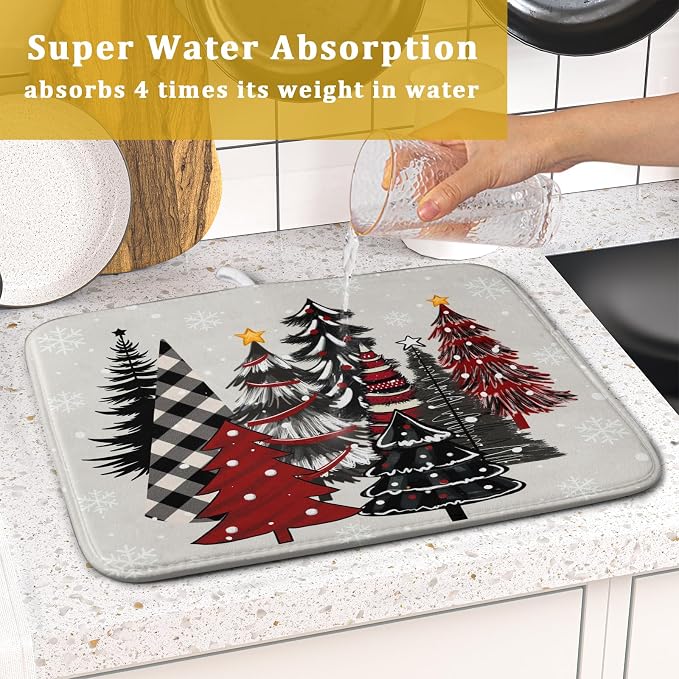 Christmas Trees Dish Drying Mat 16x18 In, Xmas Red Black Buffalo Plaid Pine - Image 7