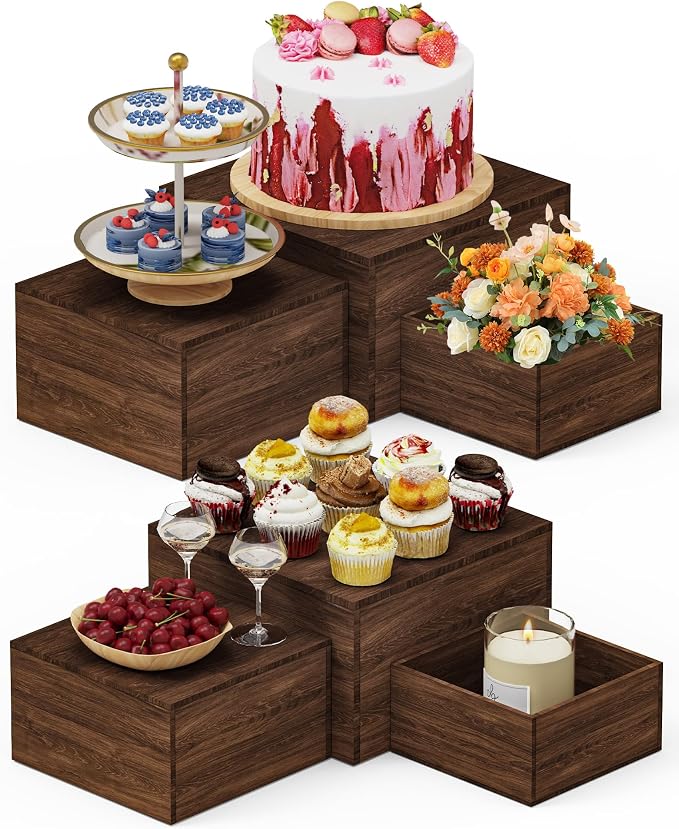 6 PCS Wooden Buffet Risers, Rustic Wood Cake Cupcake Stands, Square Food Risers by Unknown