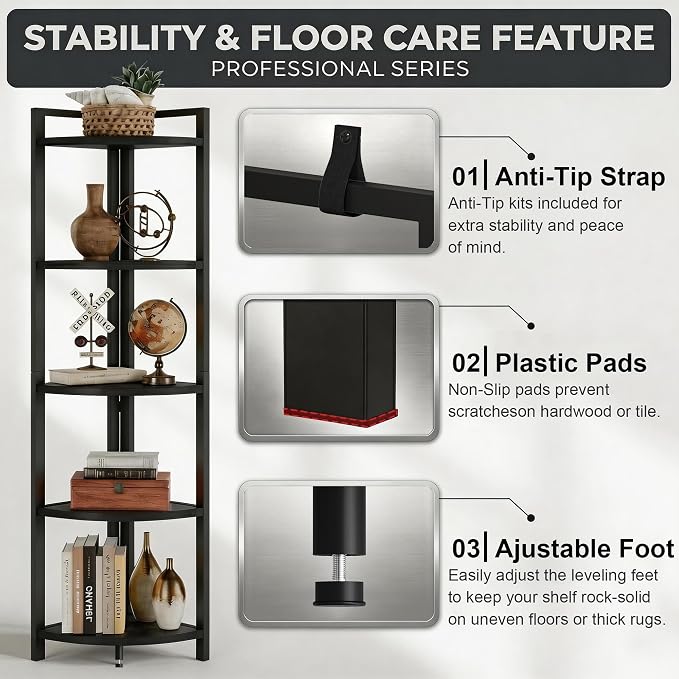 FATORRI Rustic Tall Corner Shelf, 5 Tier Industrial Corner Bookshelf - Image 3
