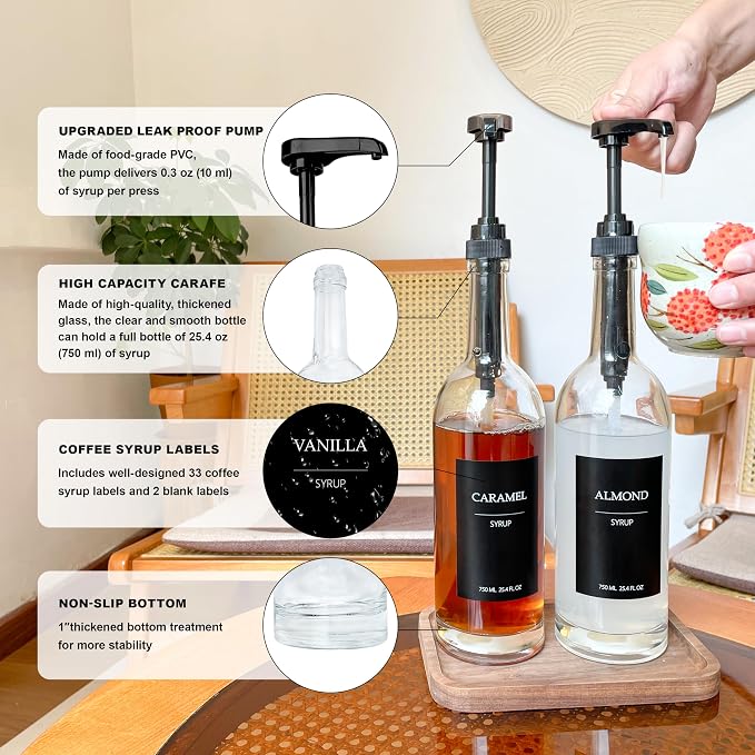HCYWOC Coffee Syrup Dispenser, 25.4oz 750ml Glass Syrup Bottles, 2 Pack Syrup - Image 3