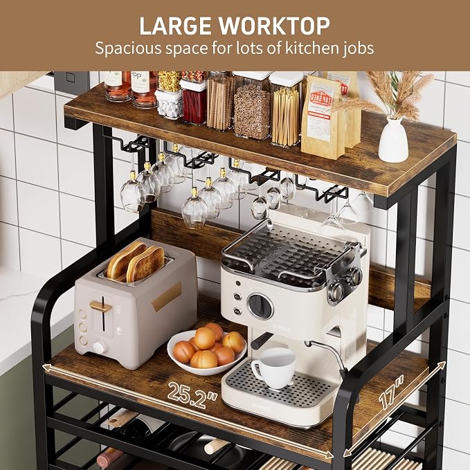 Mini Fridge Stand with Power Outlet, Microwave Stand with Wine Rack, Coffee bar - Image 4