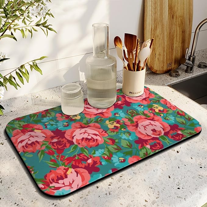 Floral Kitchen Counter Mat, 12 x 19.5 inches, Non-Slip Backing, Fast Drying - Image 2