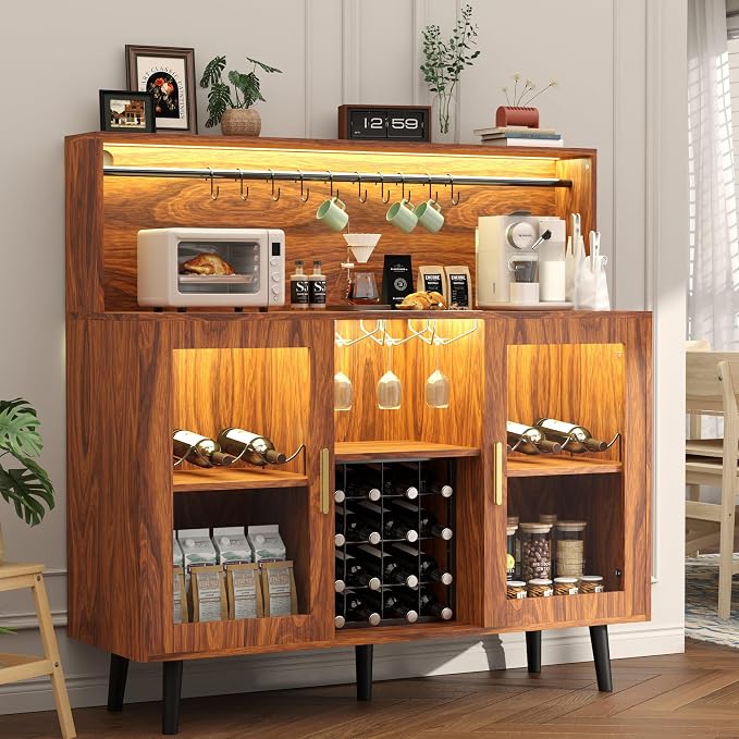 Wine Bar Cabinet with LED Light, Liquor Coffee Cabinet Bar w/Wine Rack & Glass - Image 6