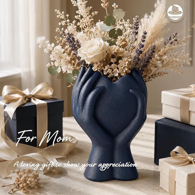 8" Heart Hand Navy Blue Ceramic Vase - Image 7