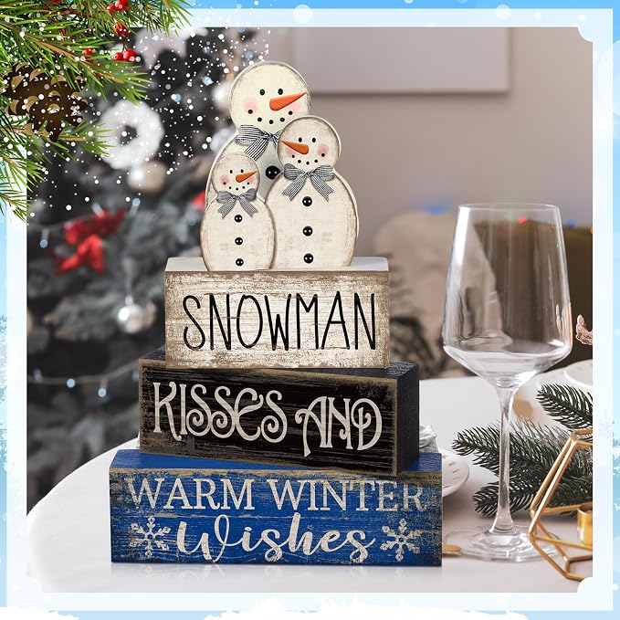 Lineshading 4 Pcs Winter Table Decor Wooden Snowman Decorations Winter Tiered - Image 3