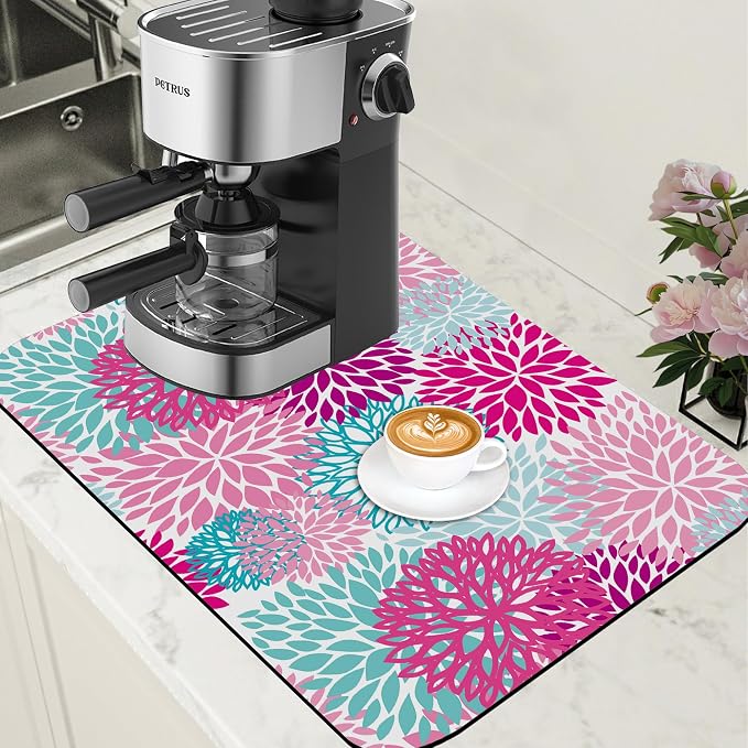 Pink Blue Chrysanthemum Flowers Dish Drying Mat by Unknown