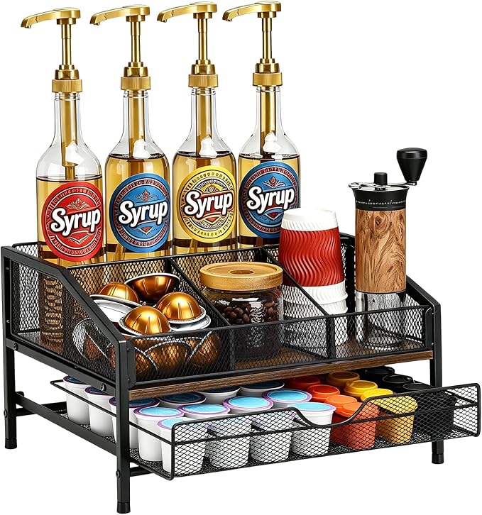 Coffee Bar Organizer, 2-Tier Coffee Station Organizer, Wood Coffee Syrup by Unknown