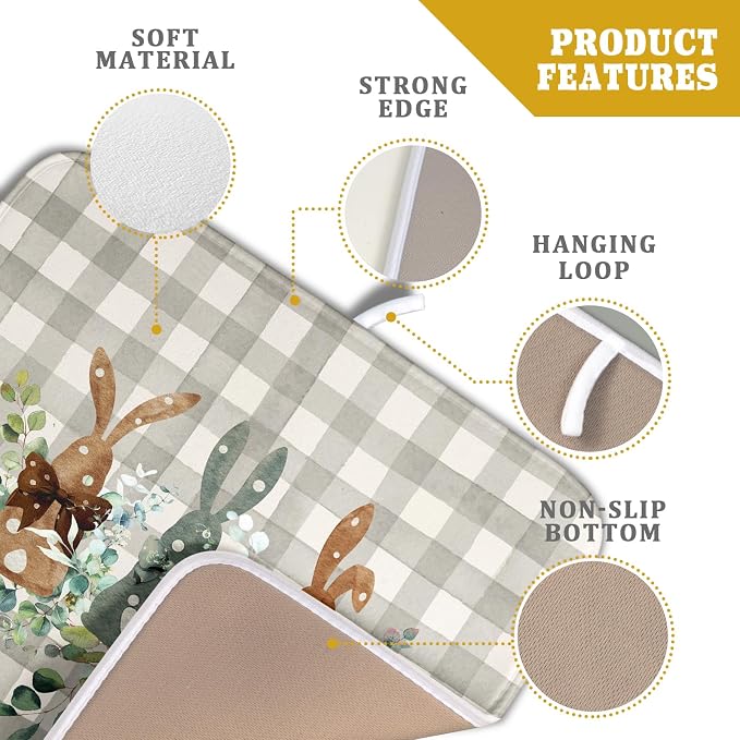 Spring Bunny Dish Drying Mats for Kitchen Counter, Rabbits Leaves Grey Buffalo - Image 4