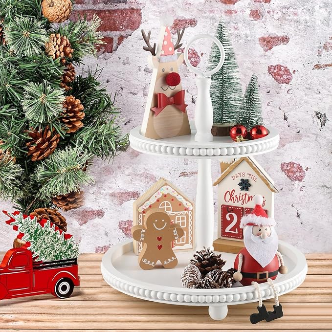 Beaded Tiered Tray Stand, Rustic Wooden 2 Tier Decorative Tray - Image 7