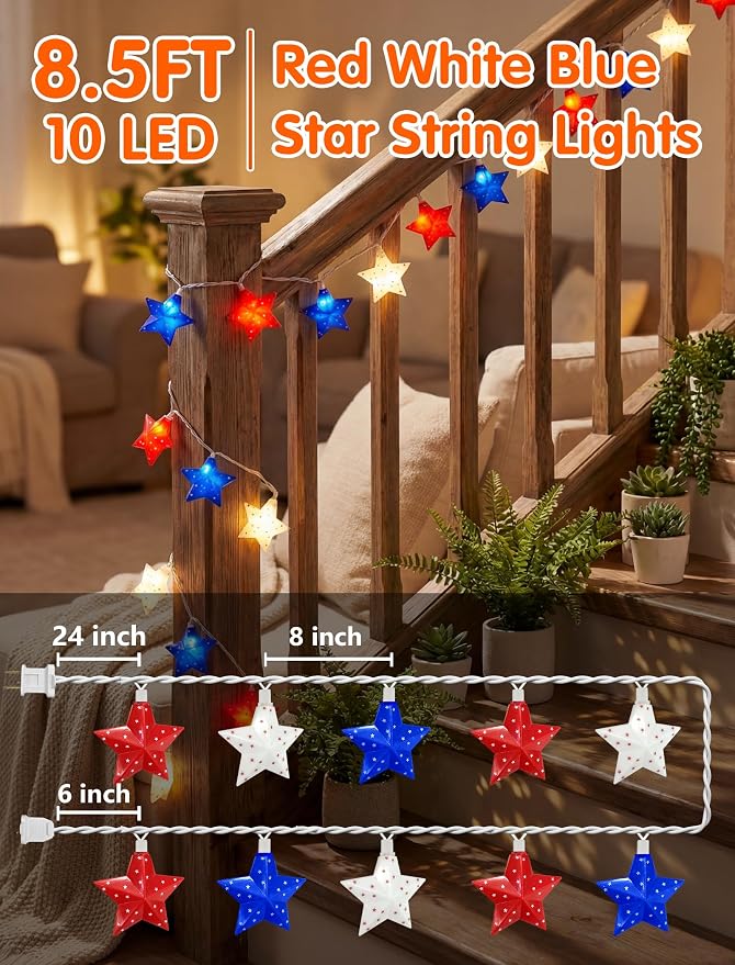 SUNSGNE 8.5FT Red White and Blue Star String Lights, 4th of July Lights - Image 2