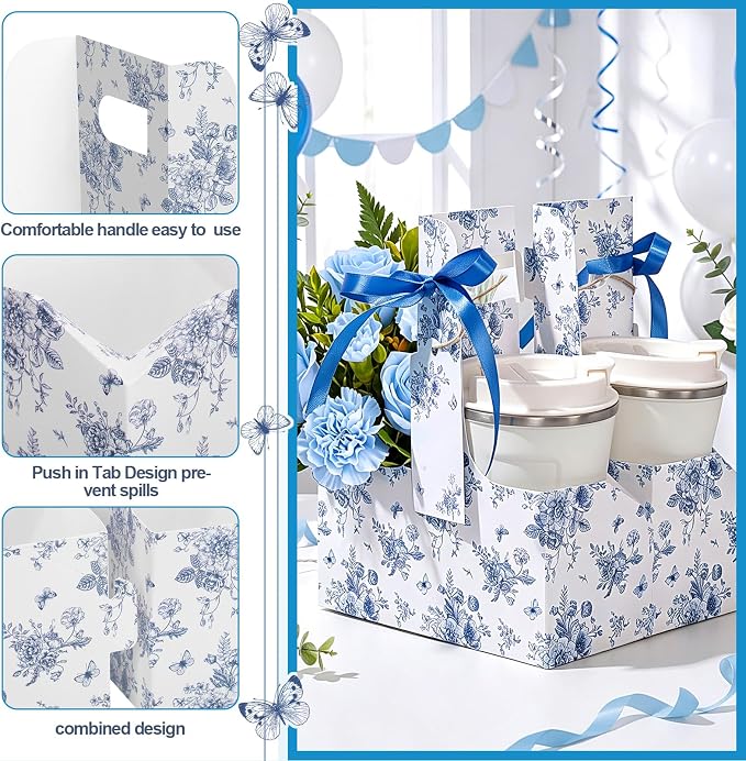 24 Pack Blue Floral 2-cup Drink Carrier - Image 3