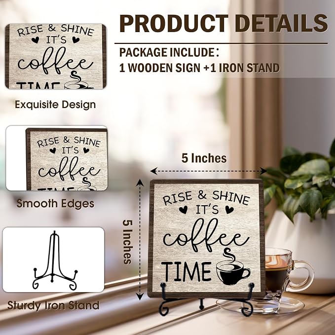 Farmhouse Coffee Bar Decor, Rise & Shine It's Coffee Time Wood Plaque - Image 2