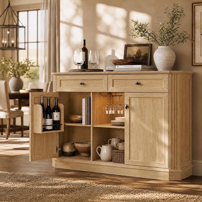 Natural Oak Coffee Bar with 2 Drawers & 2 Doors, LED Wine Bar Cabinet with Wine - Image 9