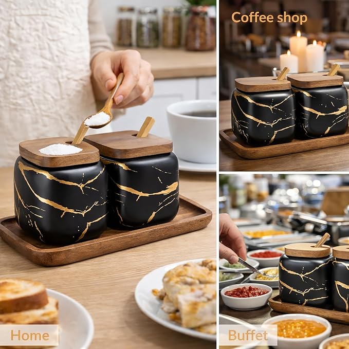 2 Sets of Marble Ceramic Sugar Bowl Ceramic Seasoning Jars - Image 3