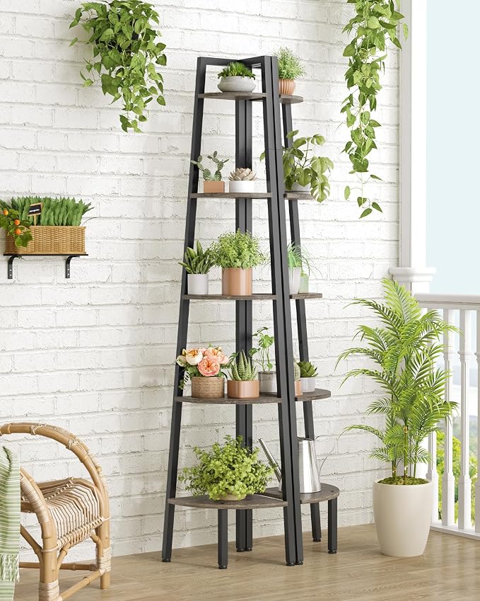 Hoctieon Corner Shelf, 5-Tier Corner Bookshelf, Rustic Ladder Shelf, Industrial - Image 7