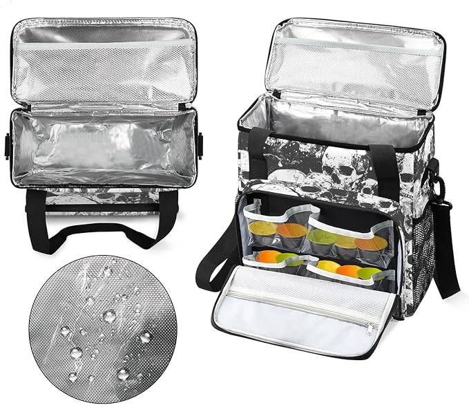 Sugar Skull Black White Skeleton Coffee Maker Carring Bag, Large Insulated - Image 3