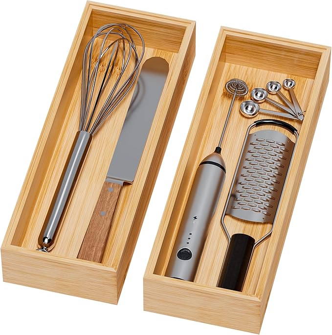 Kitchen Drawer Organizer Bins, Stackable Bamboo Deep Drawer Organizer by Greatseas