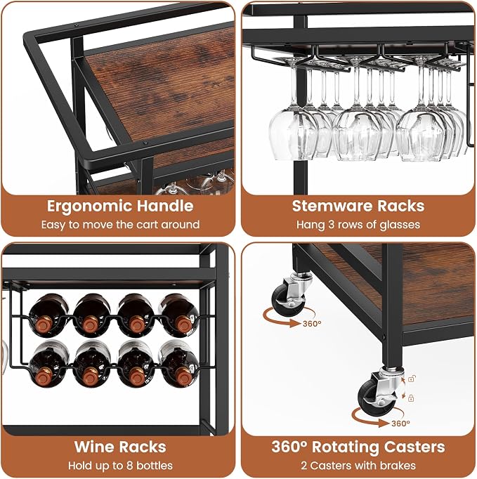 Leteuke Bar Cart for Home, 3 Tier Rolling Serving Carts - Image 5