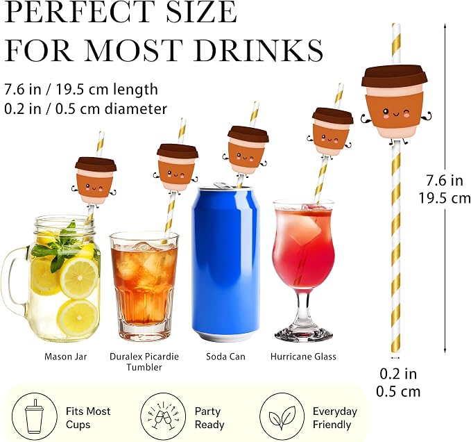 Brown Striped Paper Straws, Disposable Coffee Drinking Straws, Cute Party Straws - Image 2