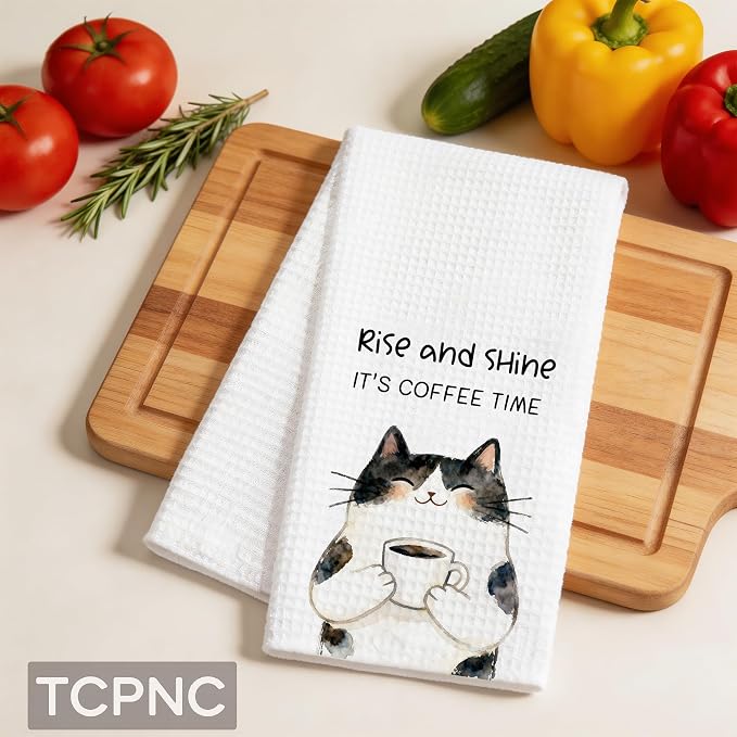 Cute Calico Cat Kitchen Towel, Calico Coffee Cat Tea Towel - Image 2