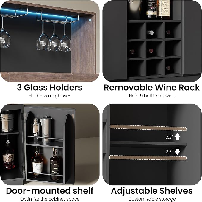 ModernMate Wine Cabinet with 3 Drawers, Coffee Bar Cabinet with LED Lights - Image 7
