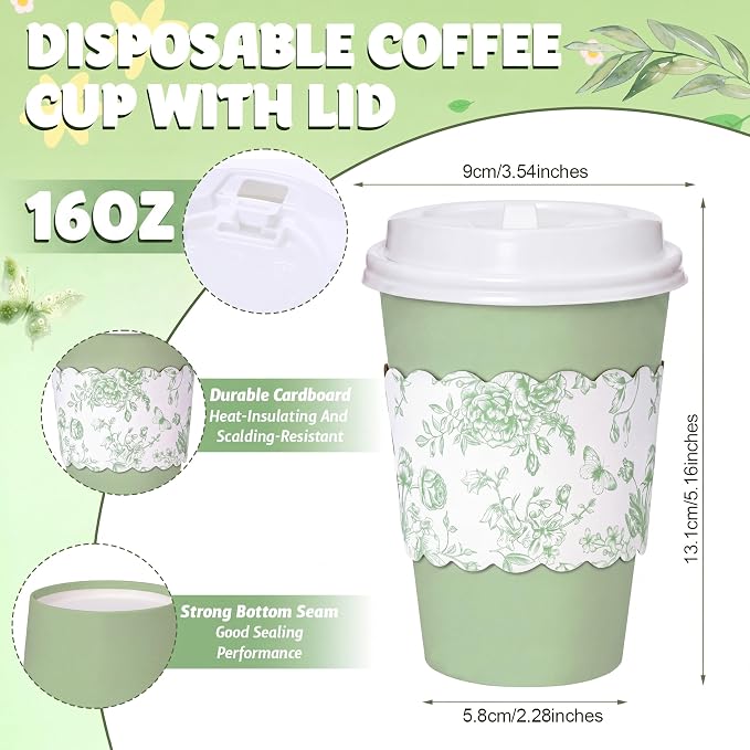 24 Set 16oz Sage Green Disposable Coffee Cups - Image 2